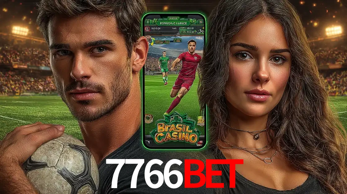 Homem segurando uma bola de futebol e uma mulher ao lado de um smartphone exibindo o jogo de apostas esportivas da 7766BET. Faça seu palpite no cassino online.